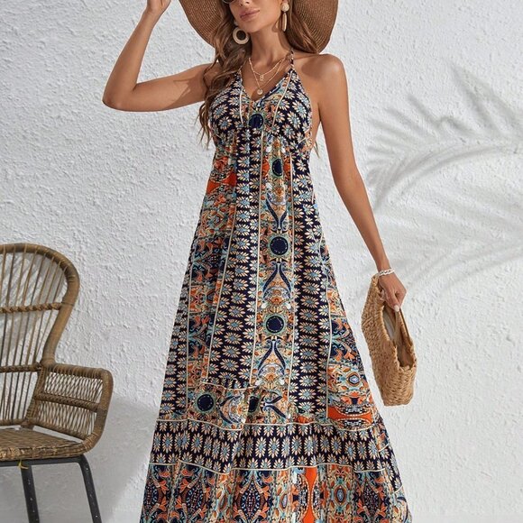 . Dresses & Skirts - Navy Blue Boho Womens Allover Print Tie Backless Halter Dress